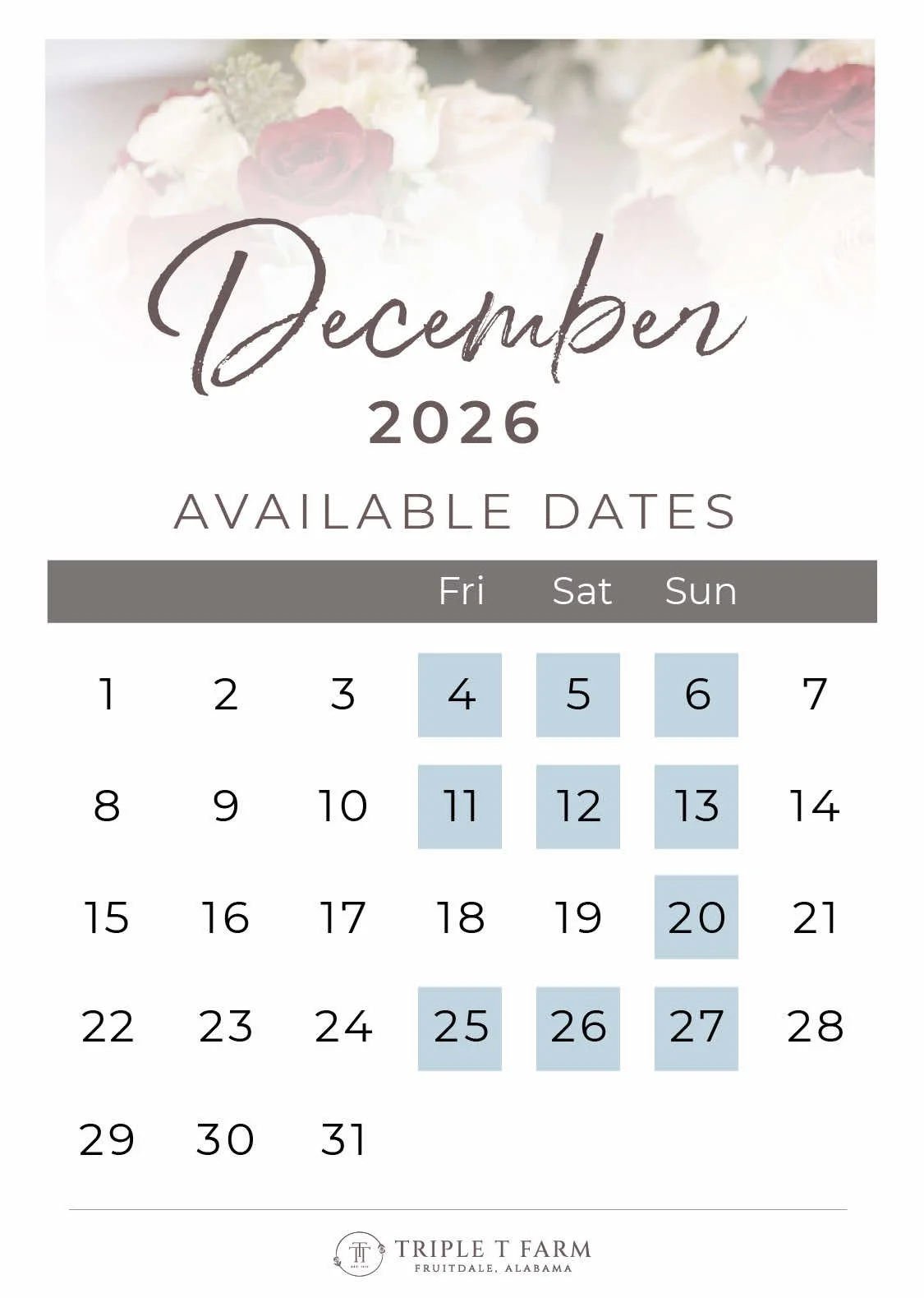 December 2026 Availability Calendar for Triple T Farm Alabama Wedding Venue