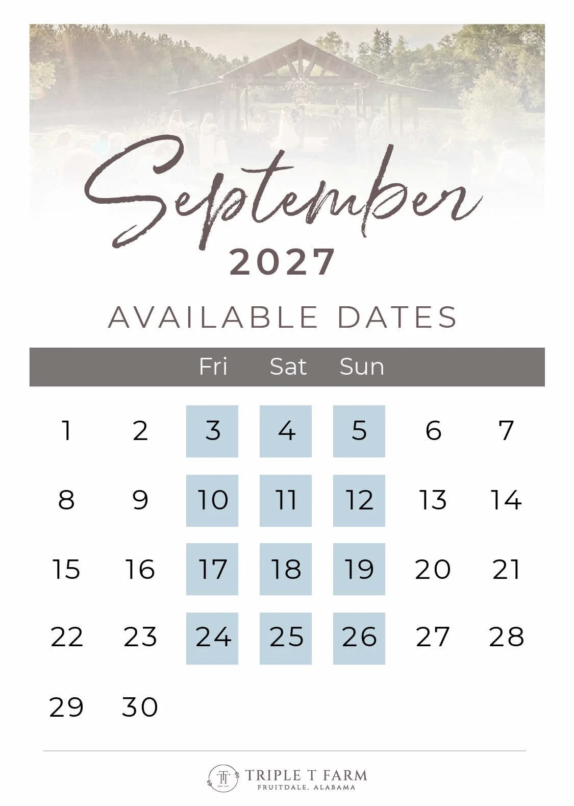 Triple T Farm Availability Calendar Fruitdale, Alabama wedding venue - September 2027