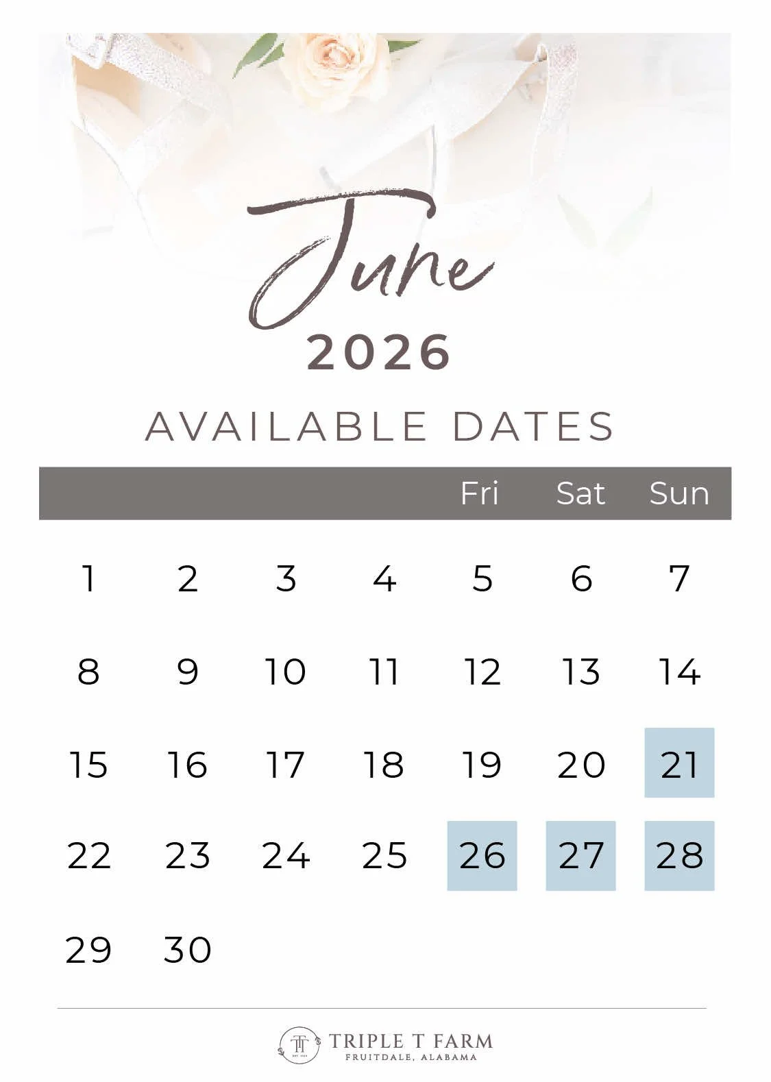 Triple T Farm Availability Calendar Fruitdale, Alabama wedding venue - June 2026