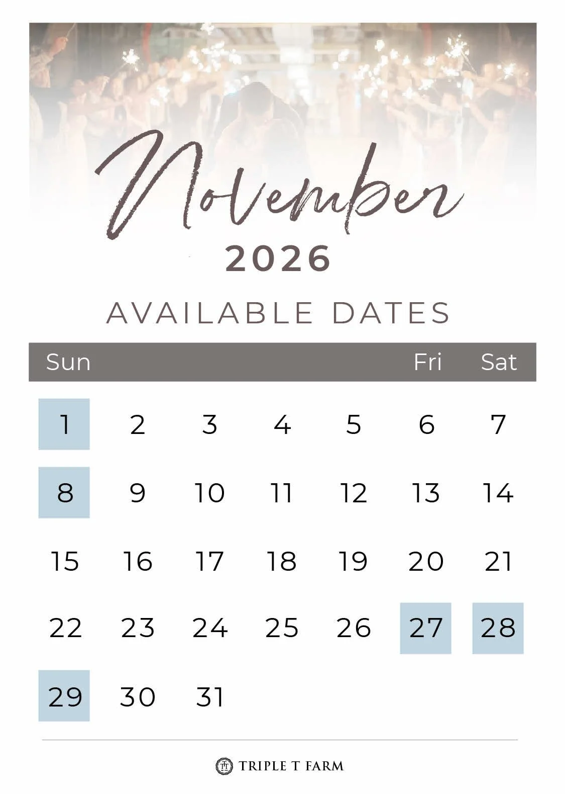 November 2026 Availability Calendar for Triple T Farm Alabama Wedding Venue