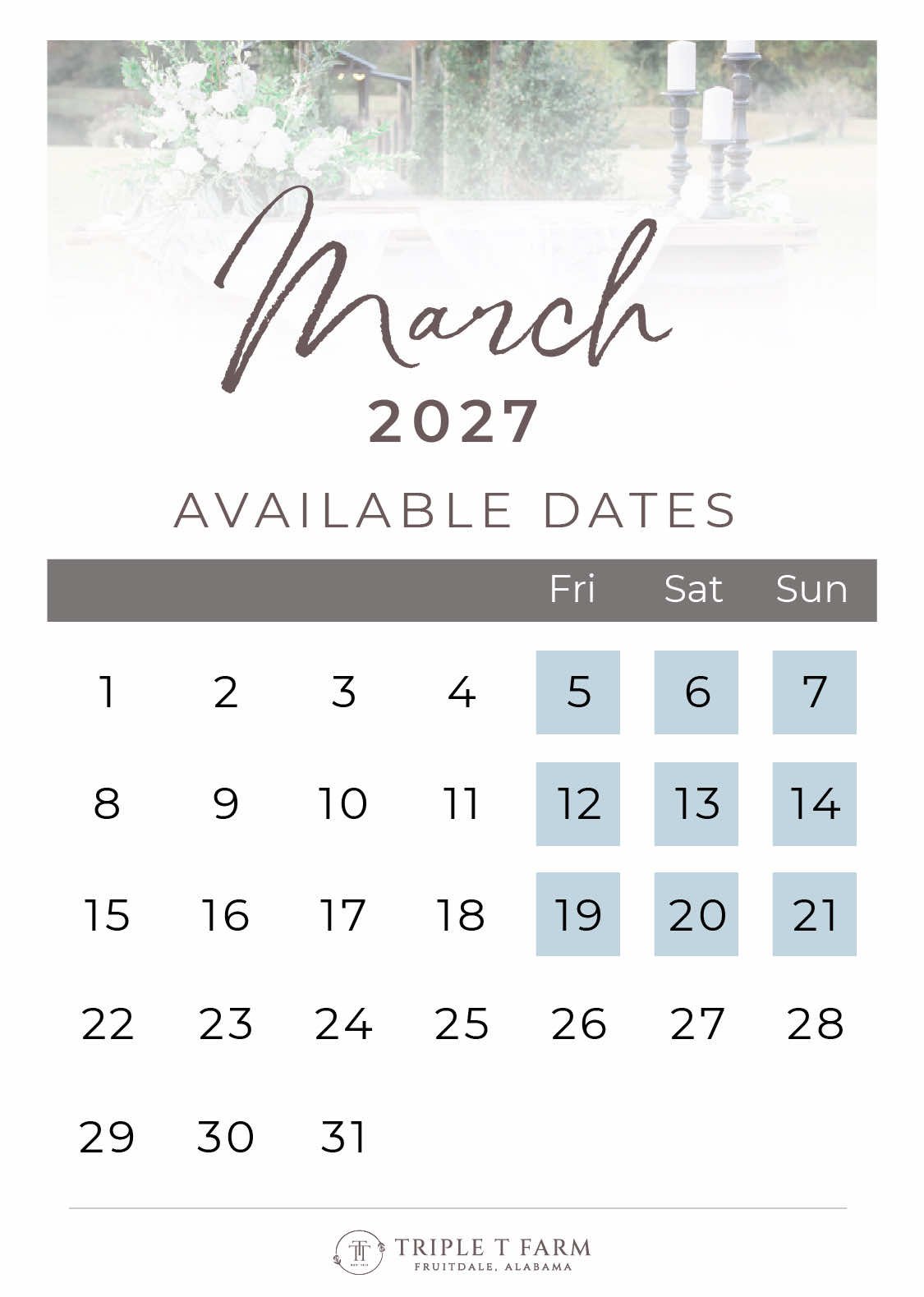 Triple T Farm Availability Calendar Fruitdale, Alabama wedding venue - March 2027