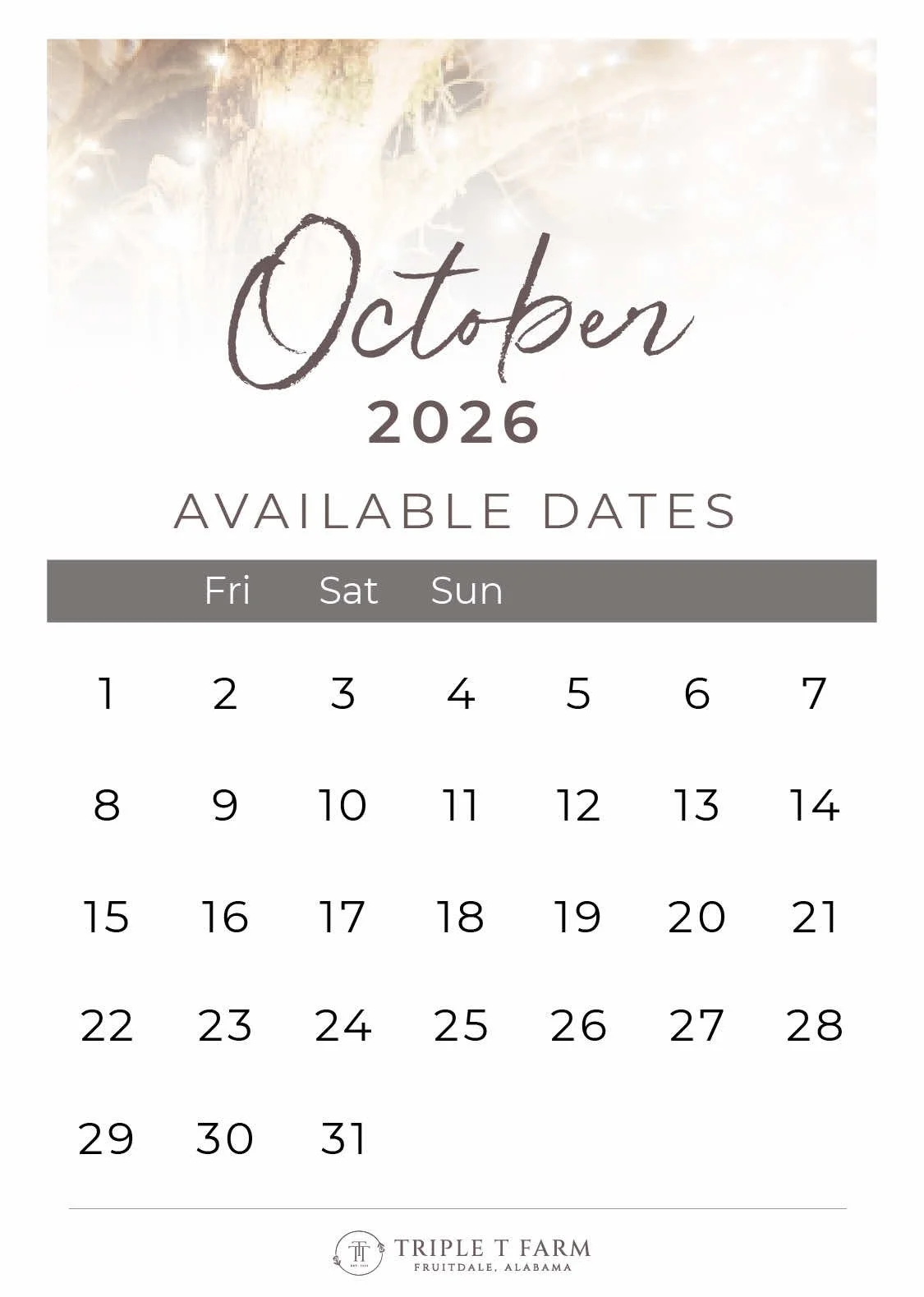 Triple T Farm Availability Calendar Fruitdale, Alabama wedding venue - October 2026