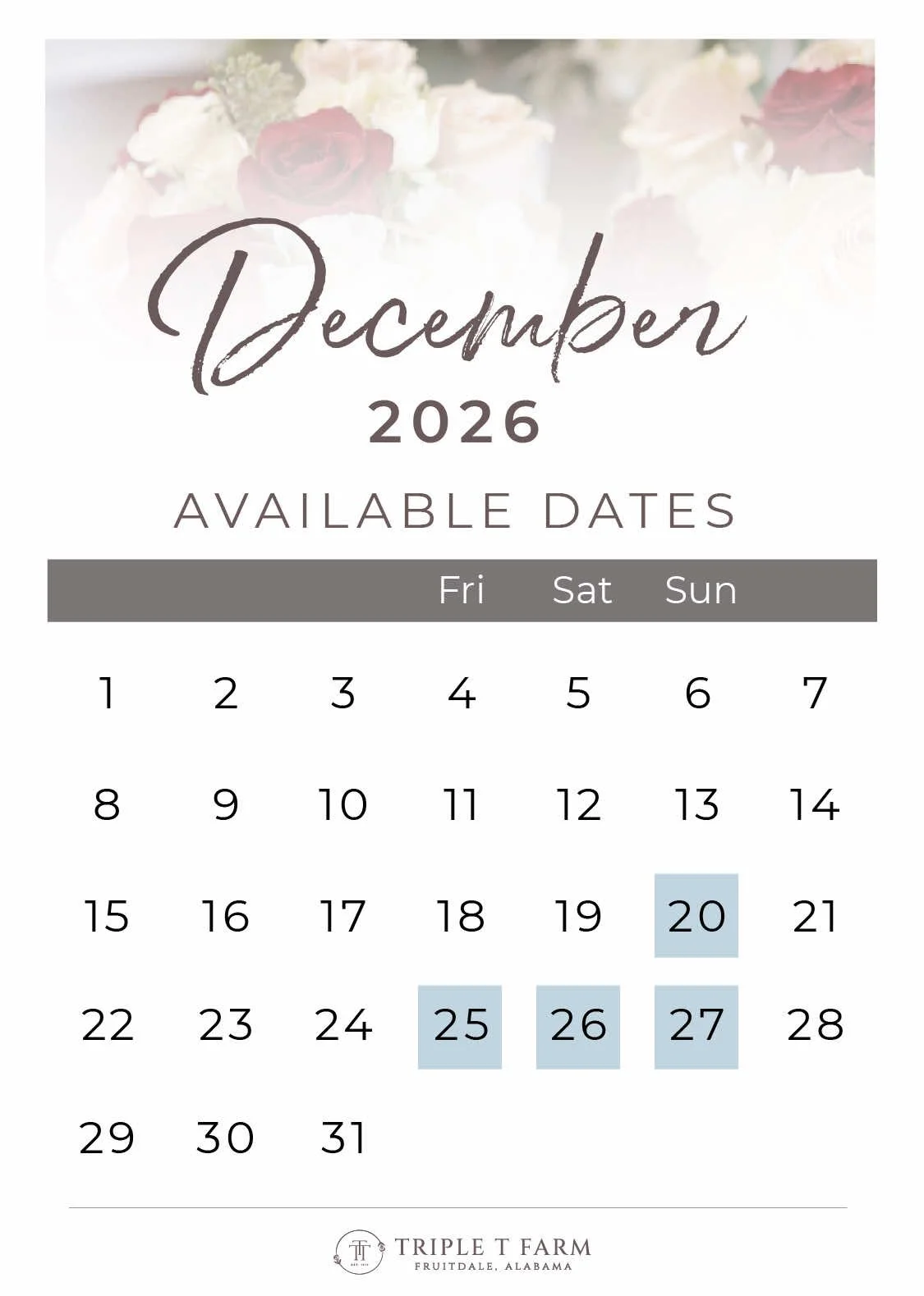 December 2026 Availability Calendar for Triple T Farm Alabama Wedding Venue