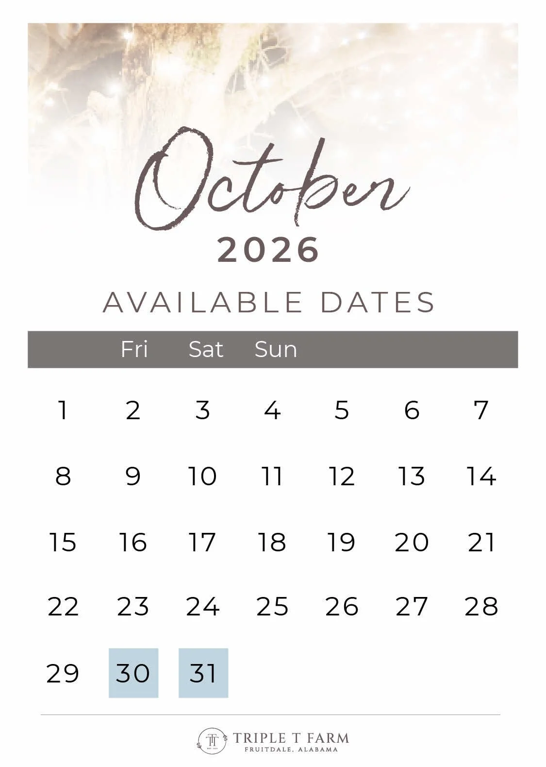 Triple T Farm Availability Calendar Fruitdale, Alabama wedding venue - October 2026