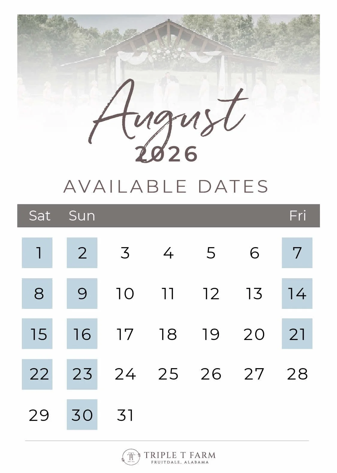 Triple T Farm Availability Calendar Fruitdale, Alabama wedding venue - August 2026