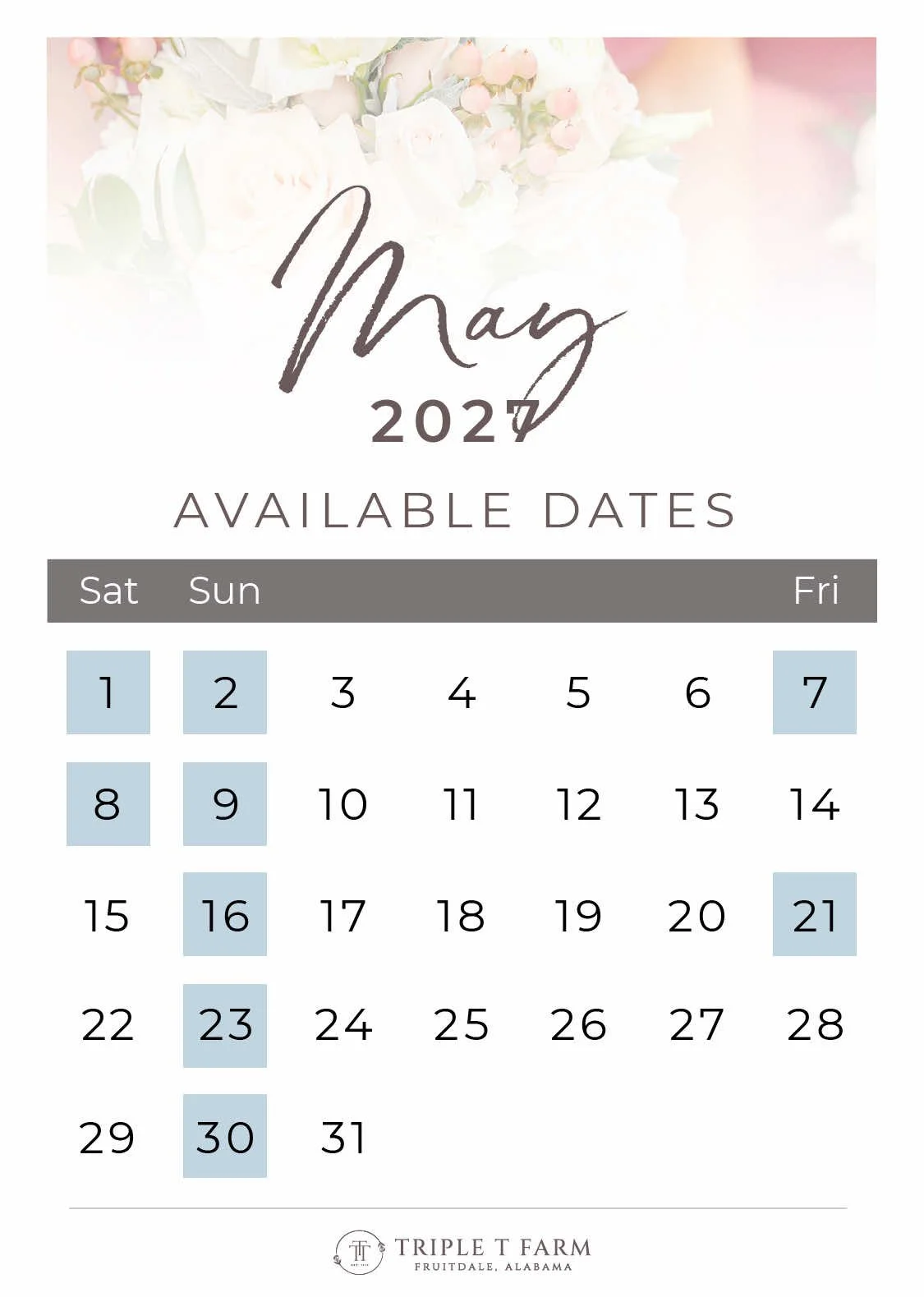 Triple T Farm Availability Calendar Fruitdale, Alabama wedding venue - May 2027