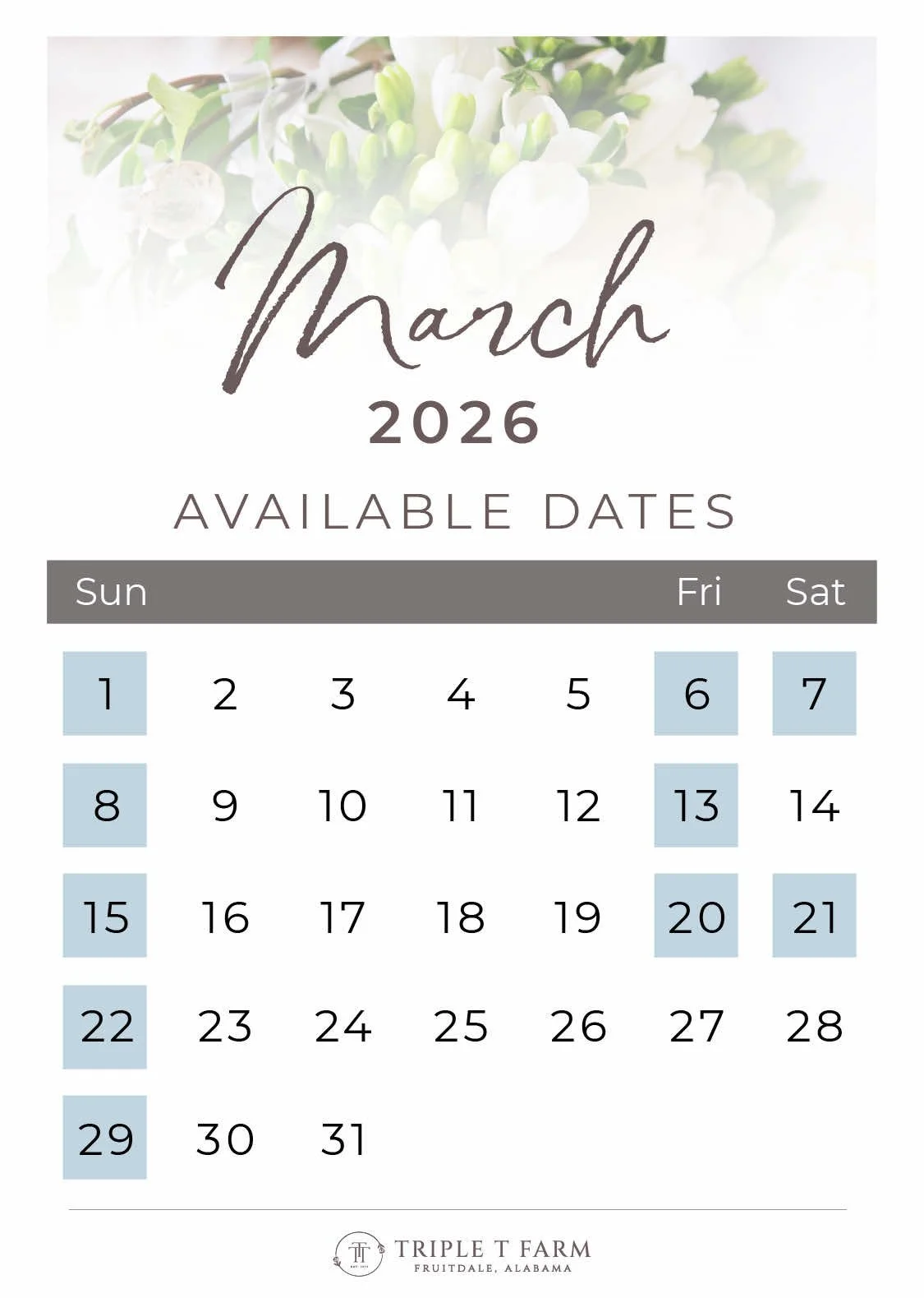 Triple T Farm Availability Calendar Fruitdale, Alabama wedding venue