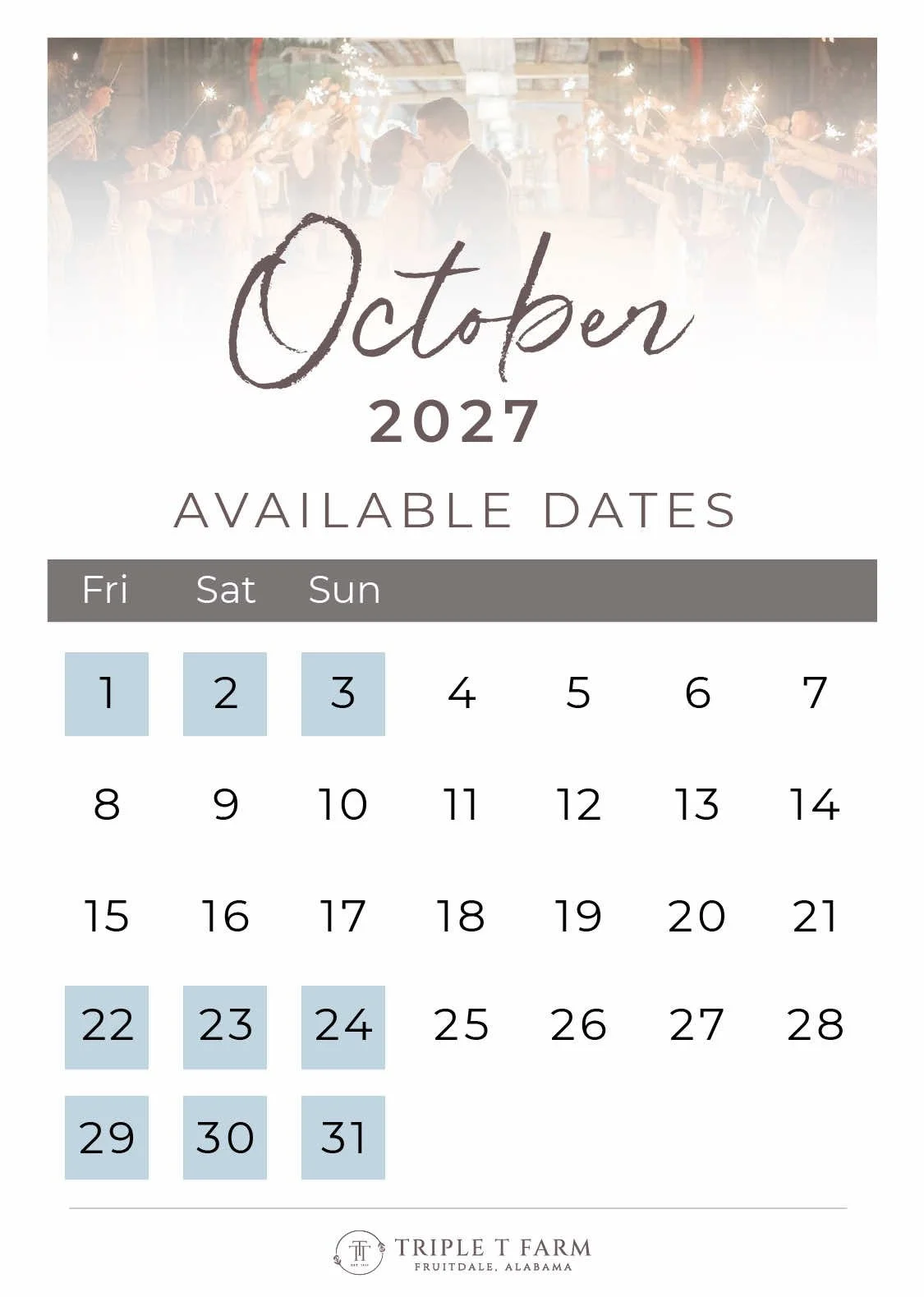 Triple T Farm Availability Calendar Fruitdale, Alabama wedding venue - October 2027