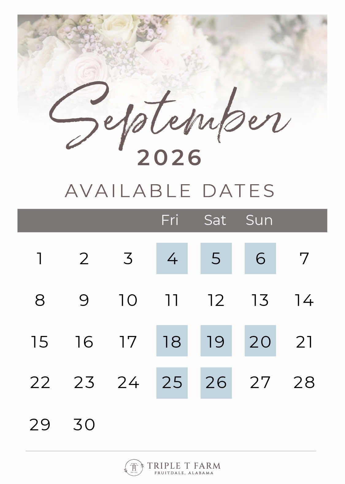 Triple T Farm Availability Calendar Fruitdale, Alabama wedding venue - September 2026