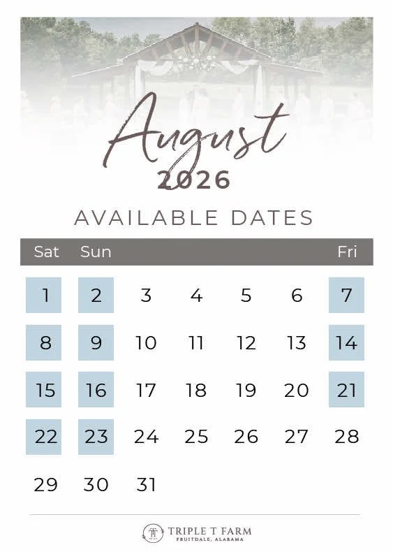 Triple T Farm Availability Calendar Fruitdale, Alabama wedding venue - August 2026