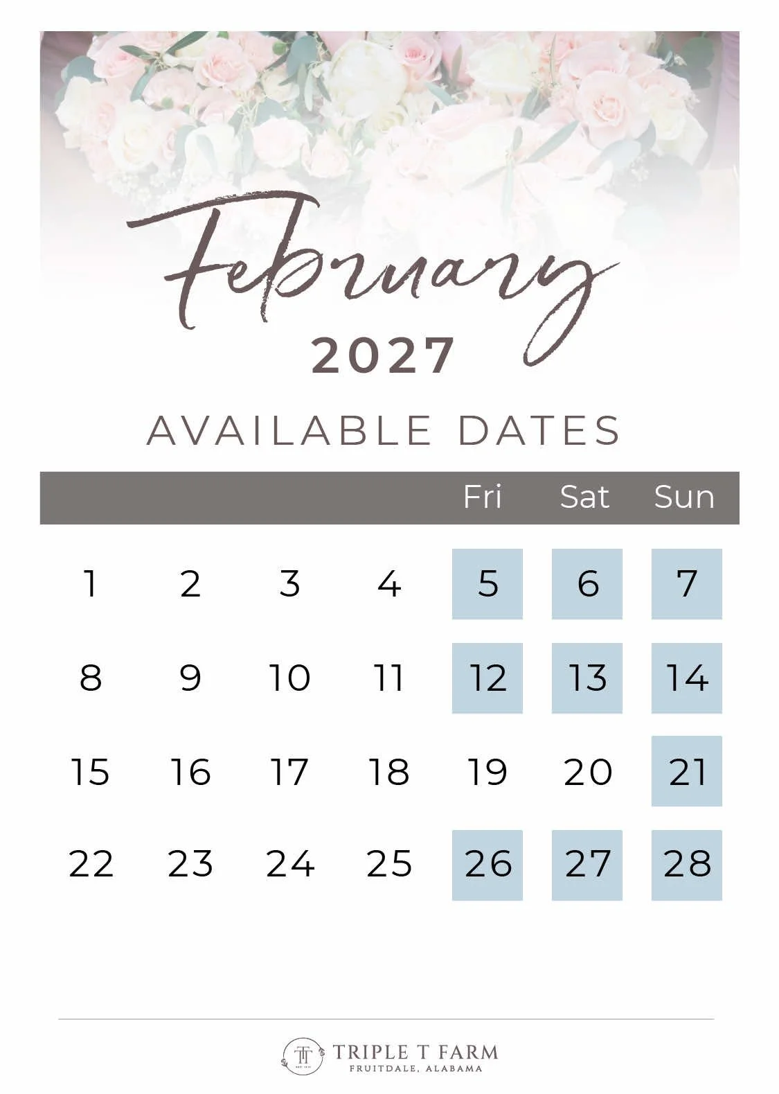 Triple T Farm Availability Calendar Fruitdale, Alabama wedding venue - February 2027