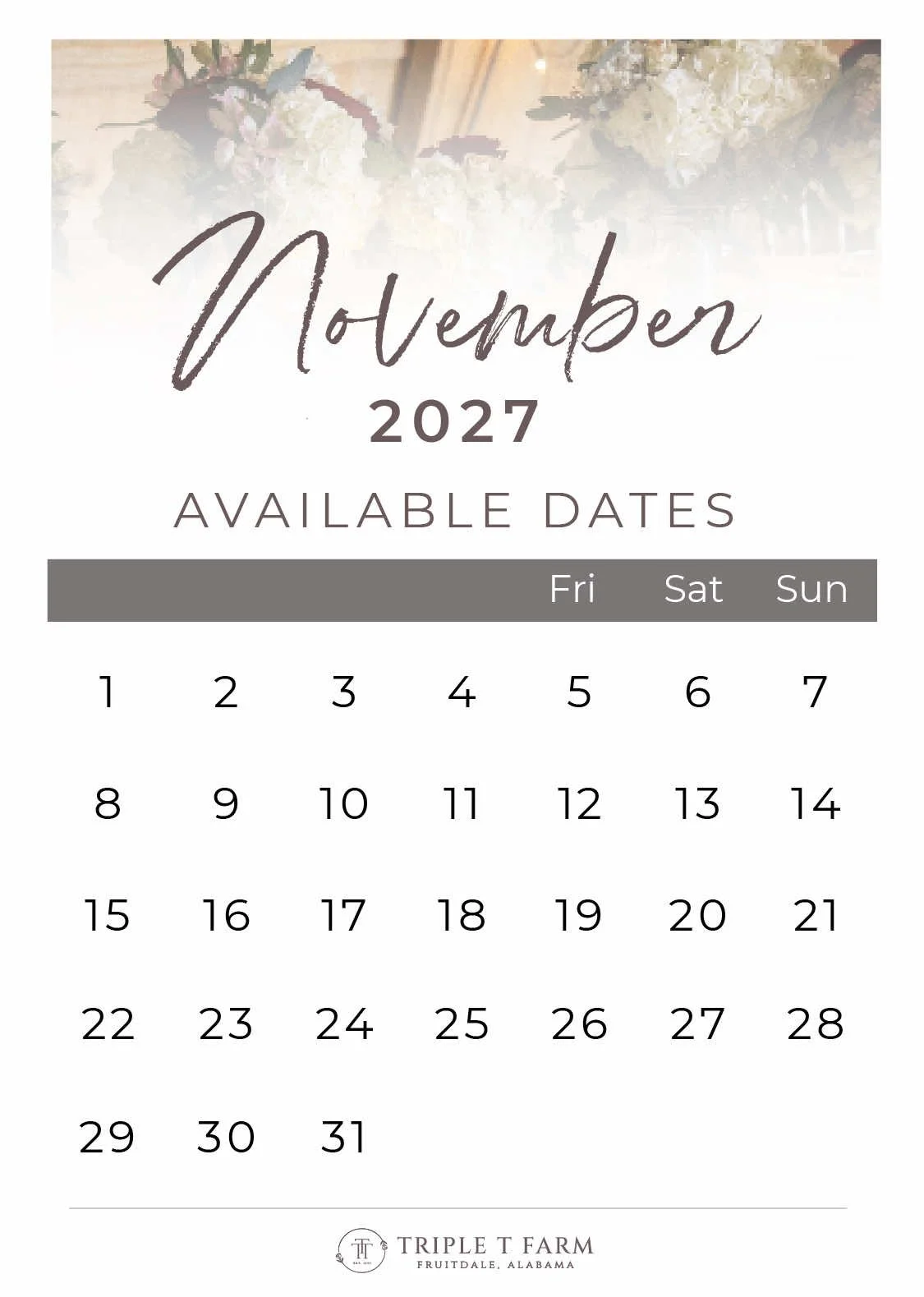November 2027 Availability Calendar for Triple T Farm Alabama Wedding Venue