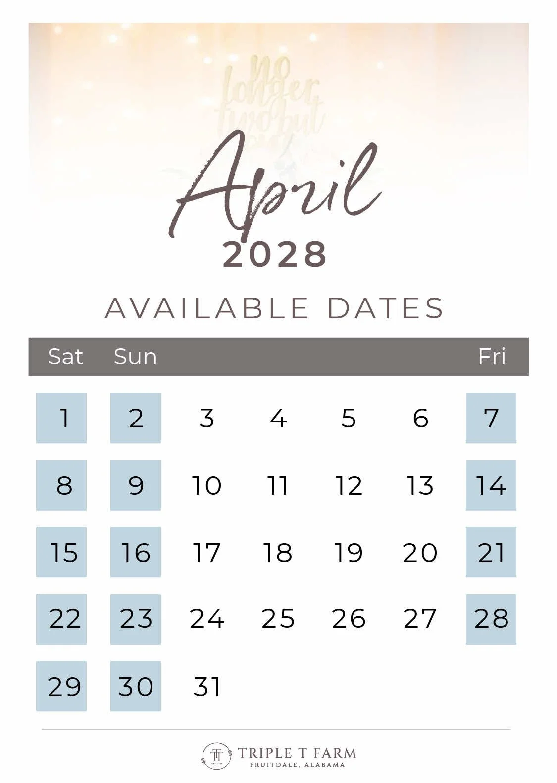 April 2028 Availability Calendar for Triple T Farm Alabama Wedding Venue