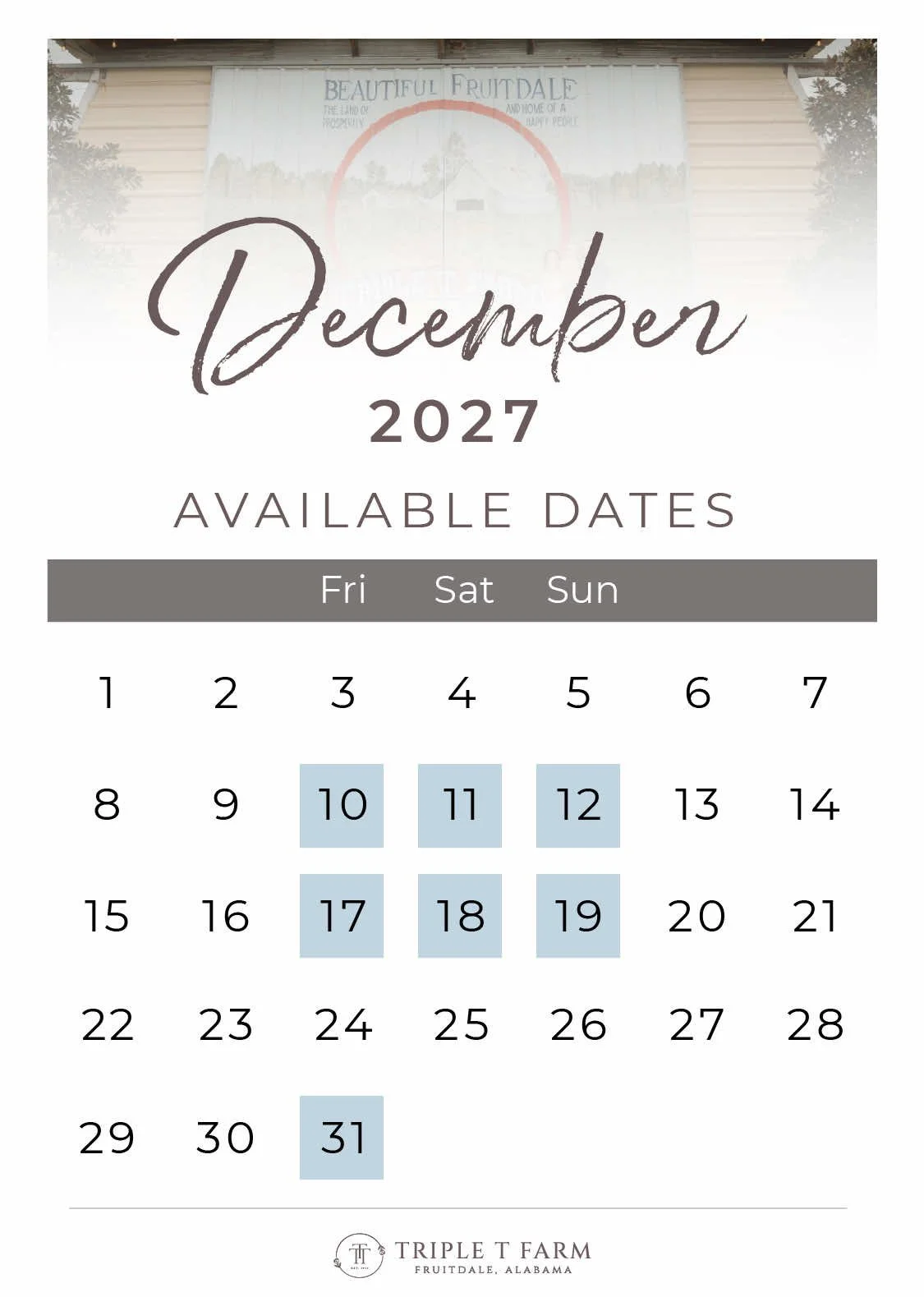 December 2027 Availability Calendar for Triple T Farm Alabama Wedding Venue