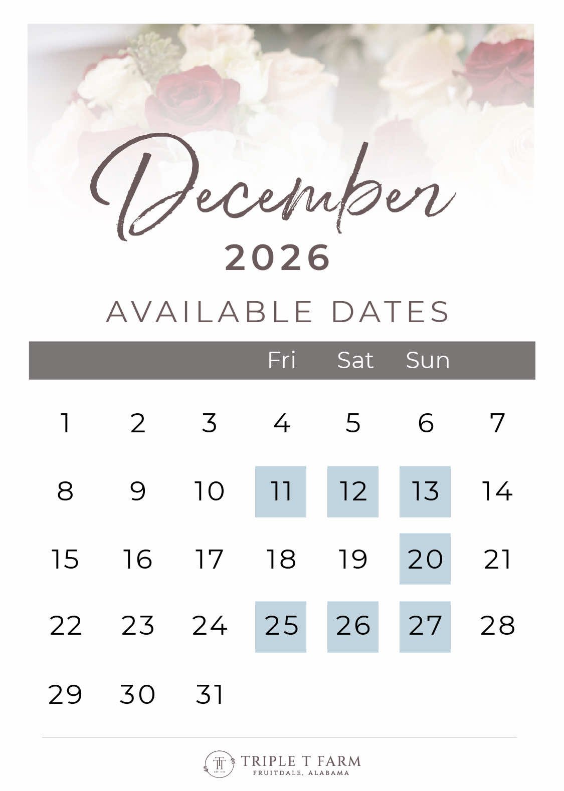 December 2026 Availability Calendar for Triple T Farm Alabama Wedding Venue