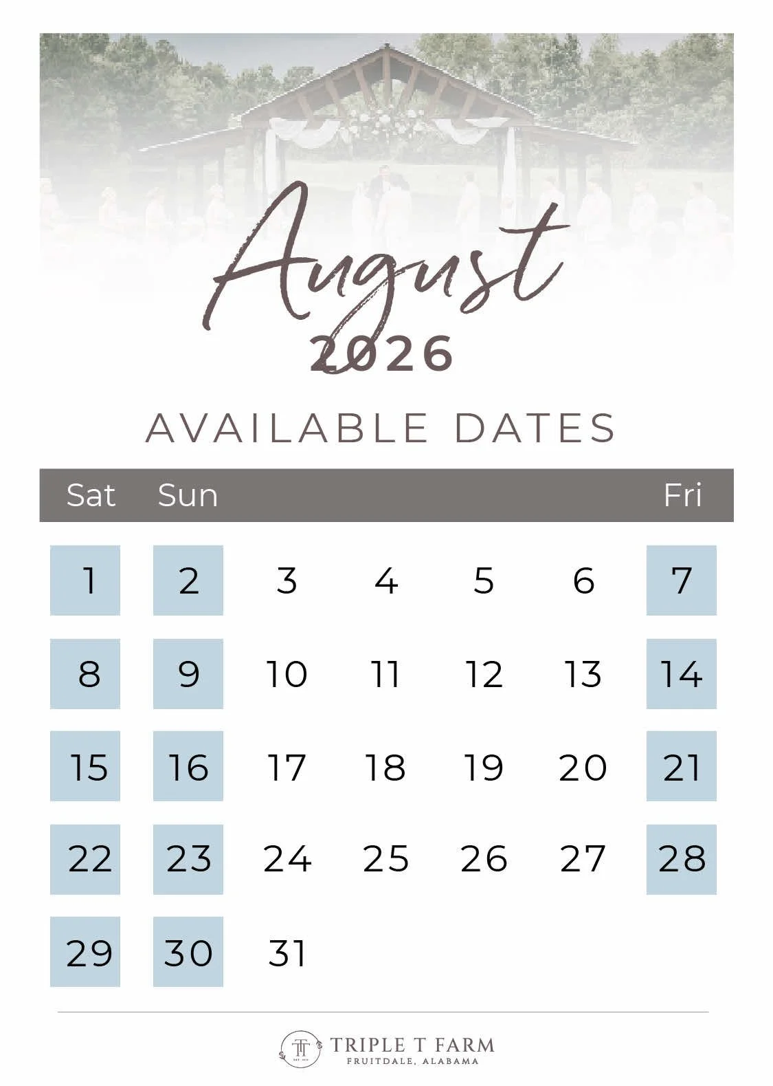 Triple T Farm Availability Calendar Fruitdale, Alabama wedding venue - August 2026