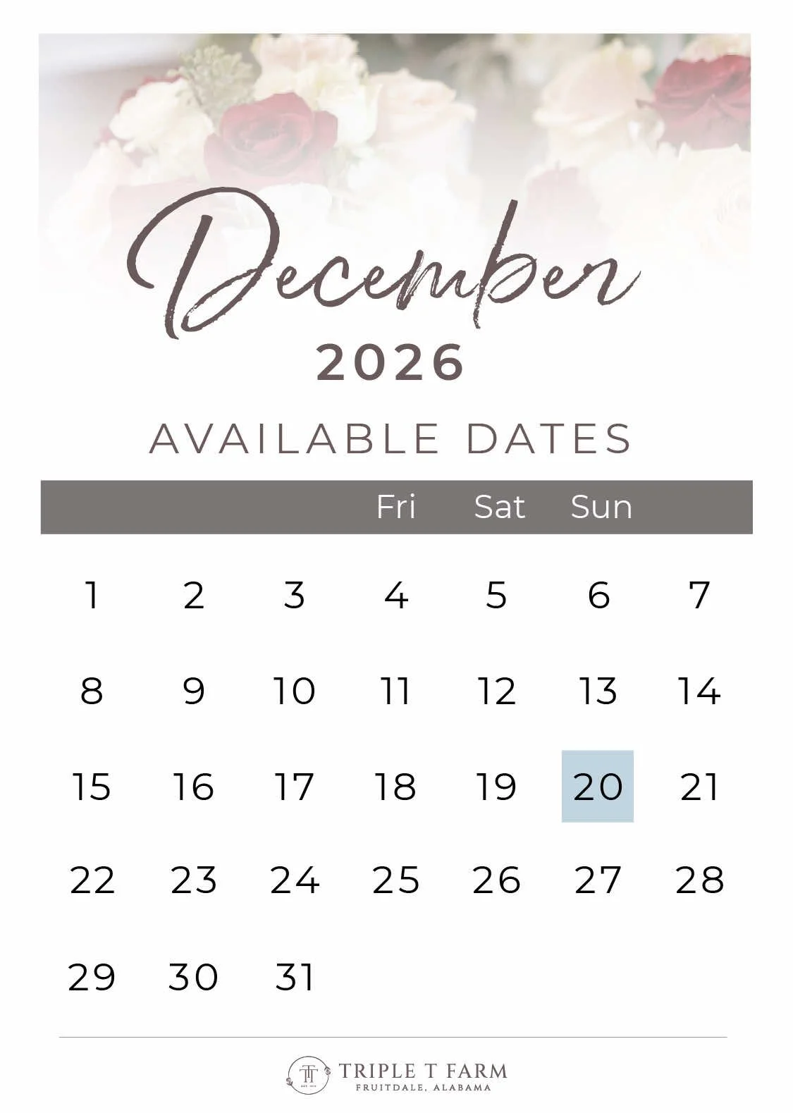 December 2026 Availability Calendar for Triple T Farm Alabama Wedding Venue