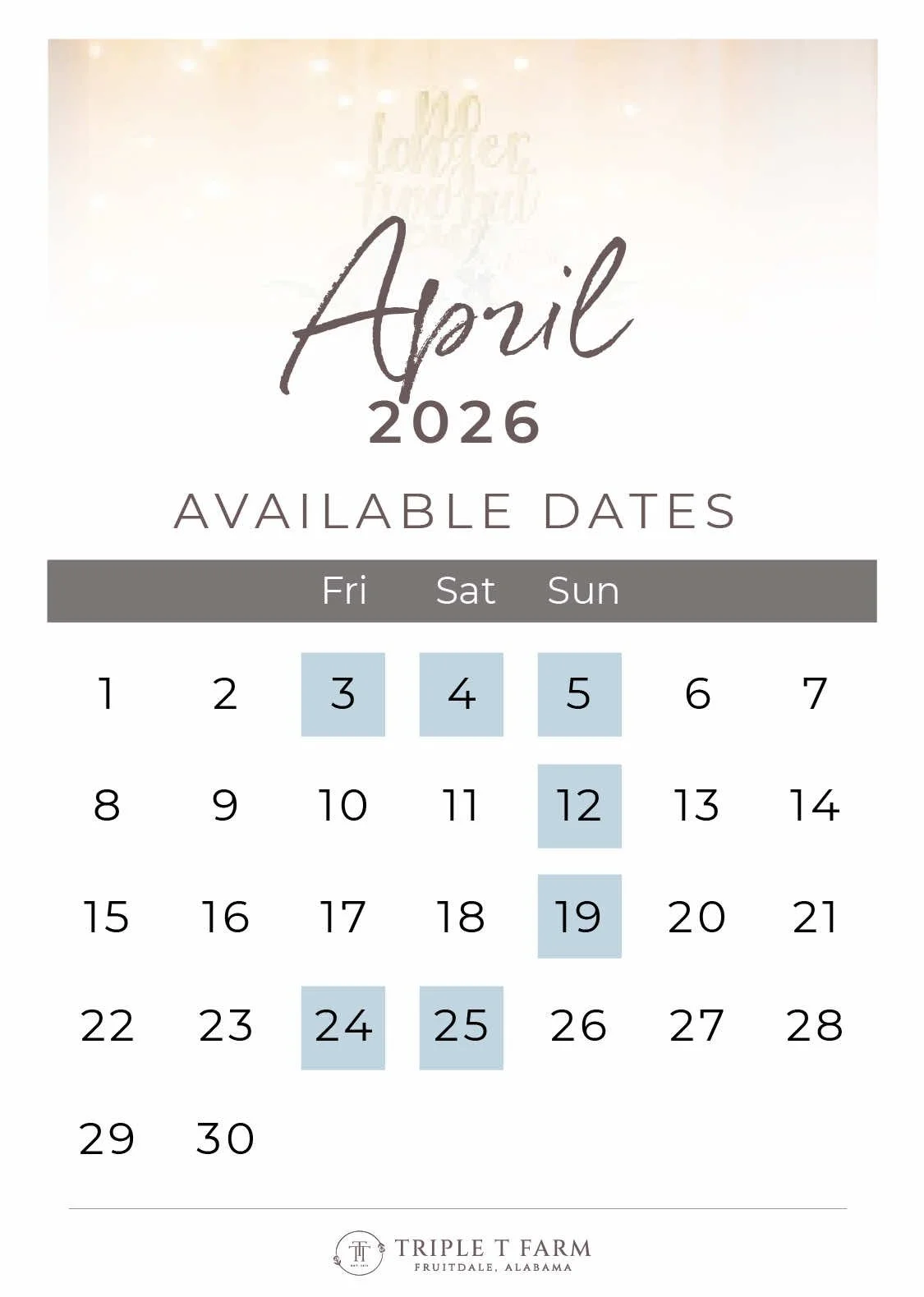 Triple T Farm Availability Calendar Fruitdale, Alabama wedding venue - April 2026