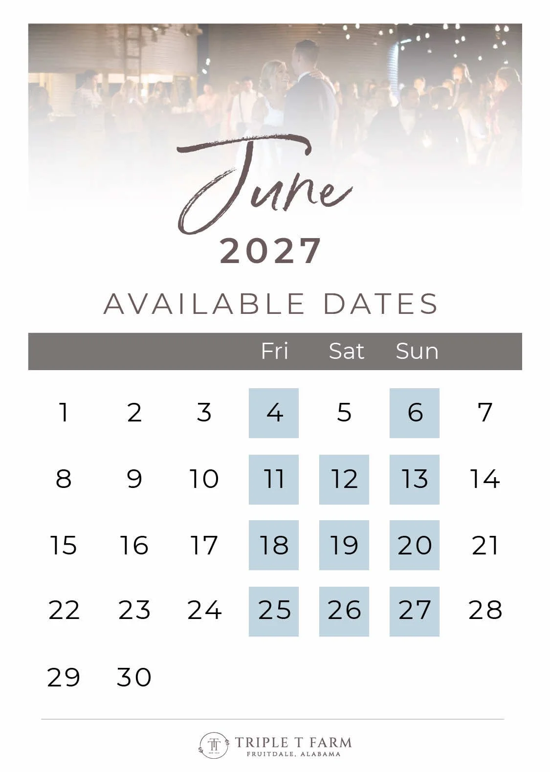 Triple T Farm Availability Calendar Fruitdale, Alabama wedding venue - June 2027