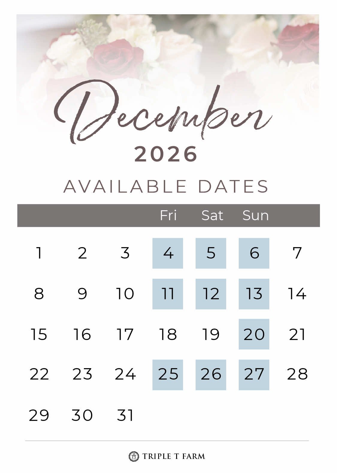 December 2026 Availability Calendar for Triple T Farm Alabama Wedding Venue