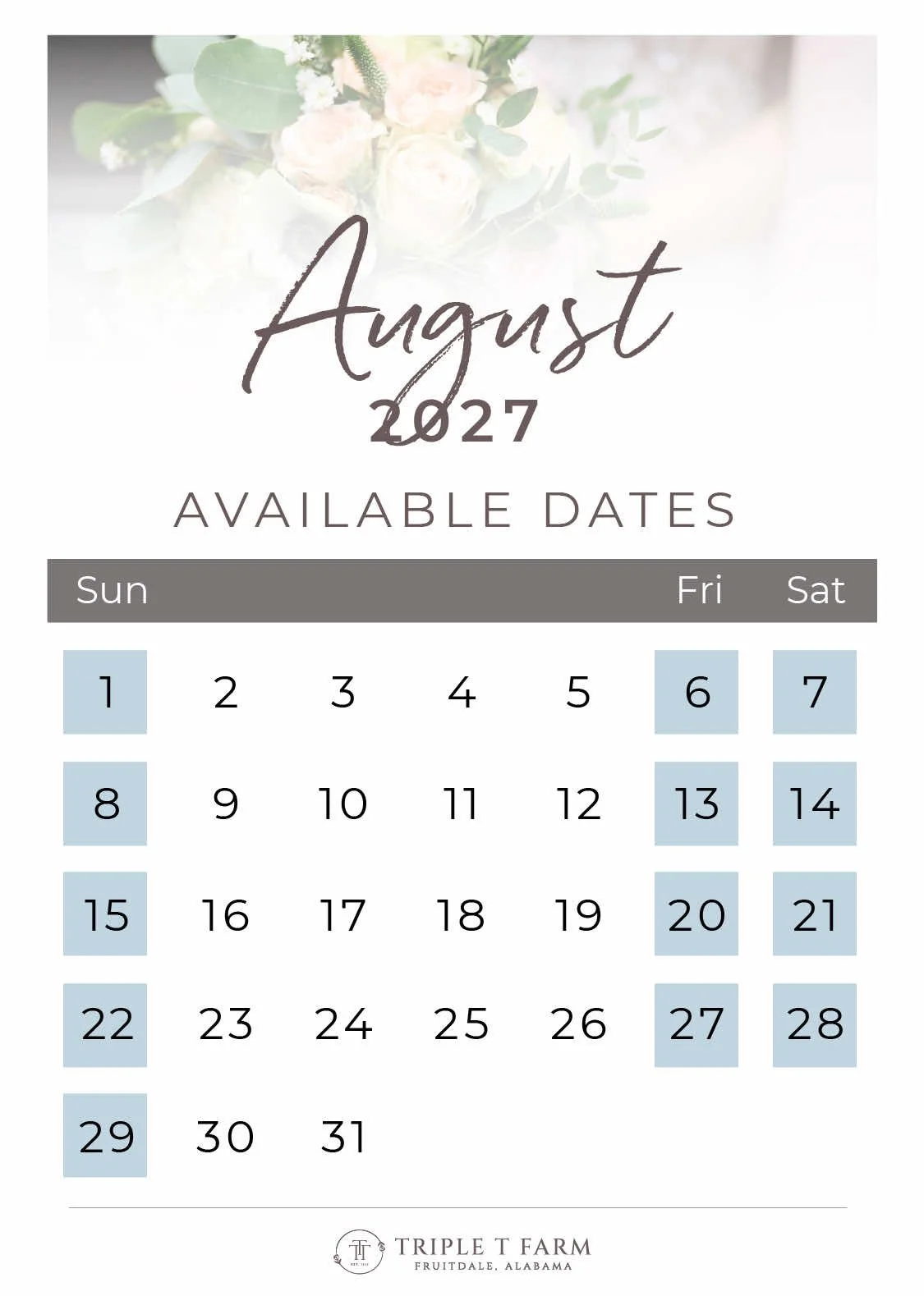 Triple T Farm Availability Calendar Fruitdale, Alabama wedding venue - August 2027