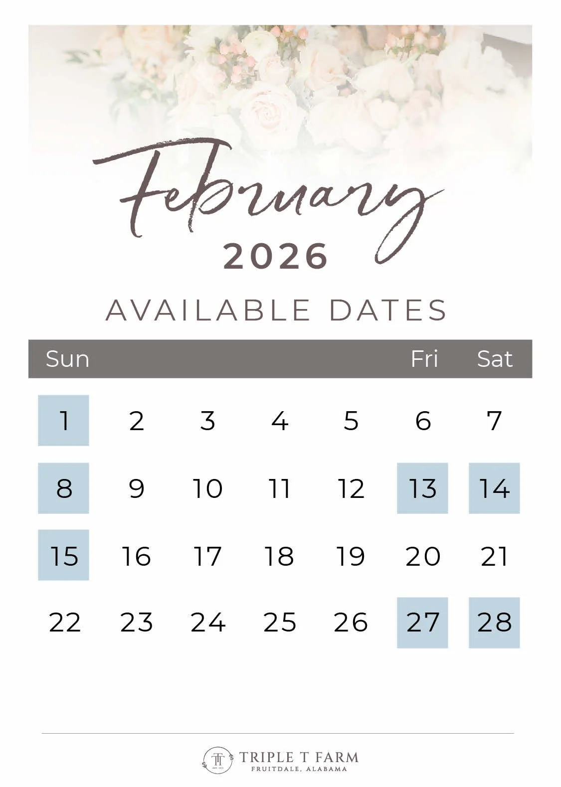 Triple T Farm Availability Calendar Fruitdale, Alabama wedding venue - February 2026