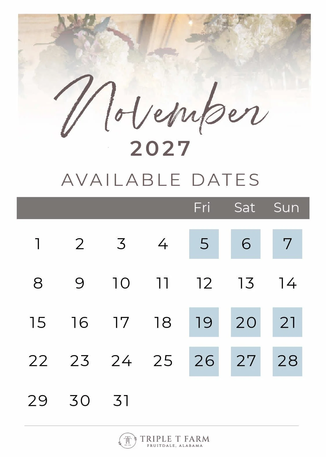 November 2027 Availability Calendar for Triple T Farm Alabama Wedding Venue