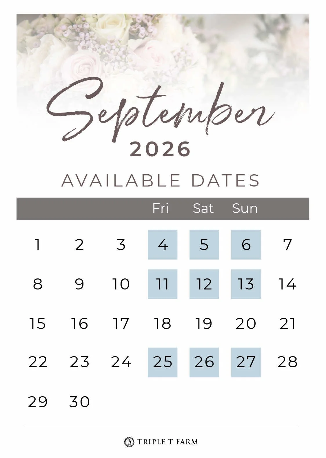 Triple T Farm Availability Calendar Fruitdale, Alabama wedding venue - September 2026