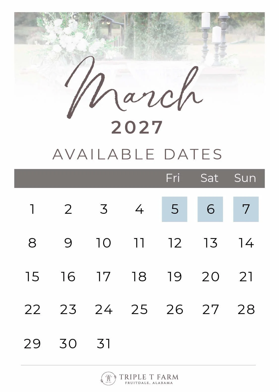 Triple T Farm Availability Calendar Fruitdale, Alabama wedding venue - March 2027