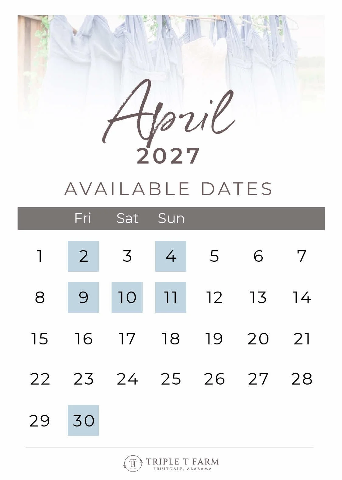 Triple T Farm Availability Calendar Fruitdale, Alabama wedding venue - April 2027