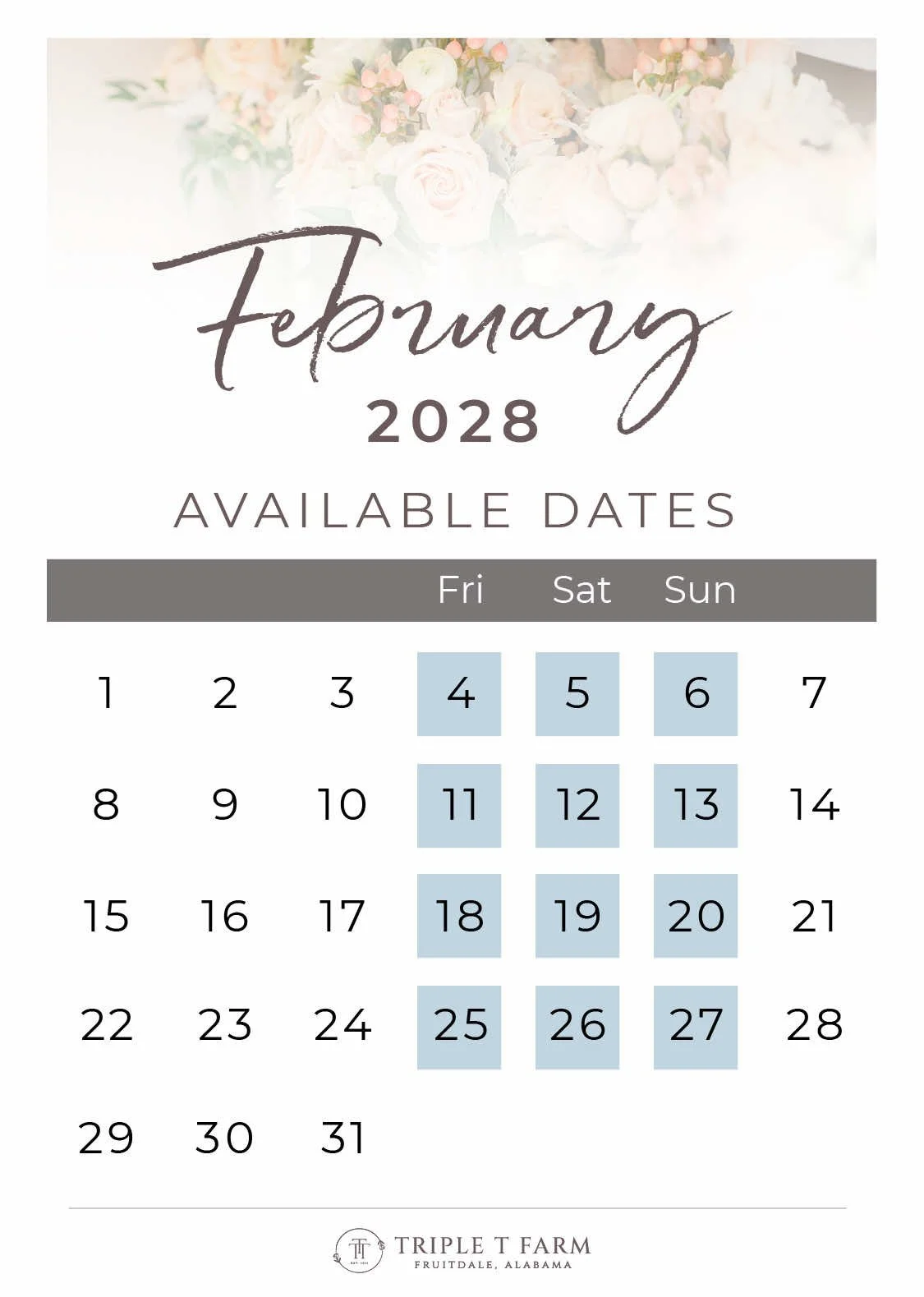 February 2028 Availability Calendar for Triple T Farm Alabama Wedding Venue