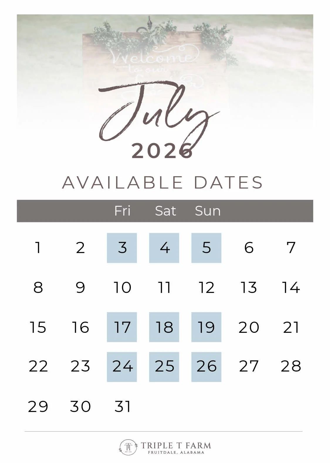 Triple T Farm Availability Calendar Fruitdale, Alabama wedding venue - July 2026