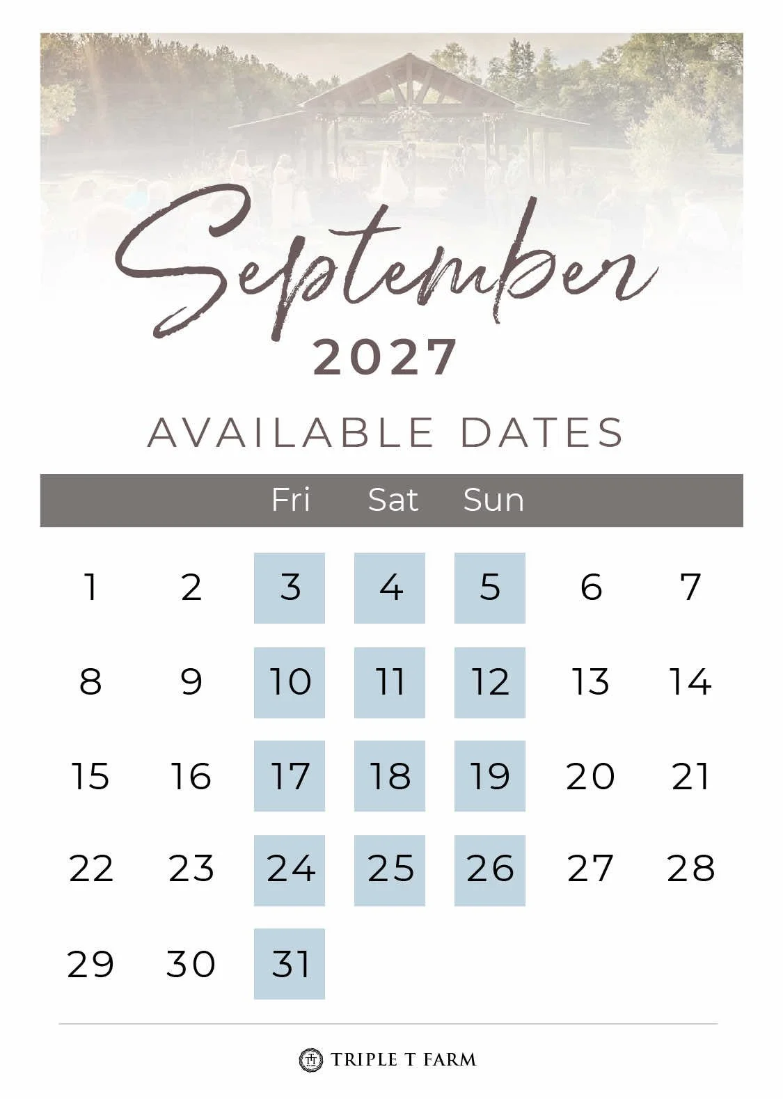 Triple T Farm Availability Calendar Fruitdale, Alabama wedding venue - September 2027