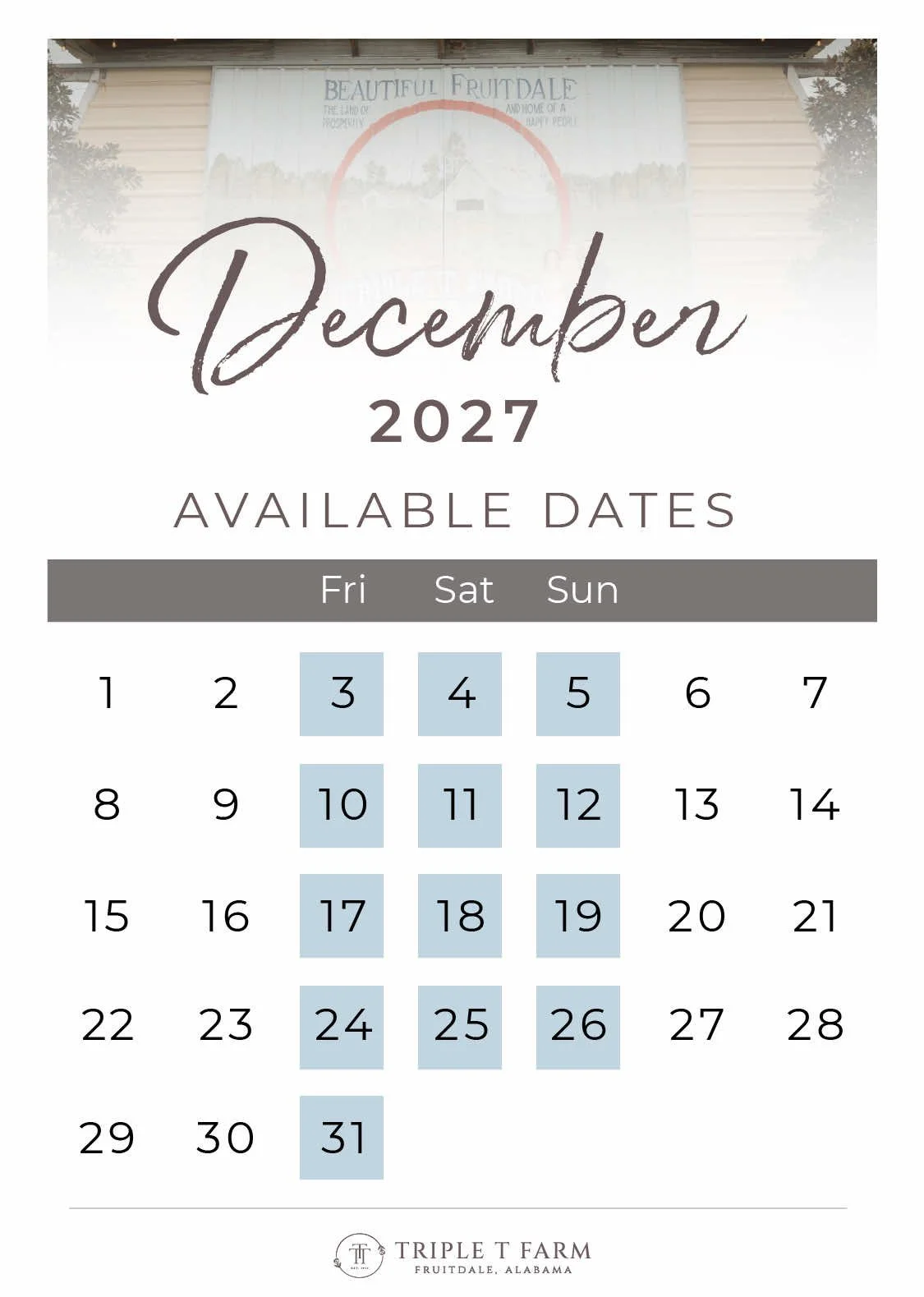 December 2027 Availability Calendar for Triple T Farm Alabama Wedding Venue