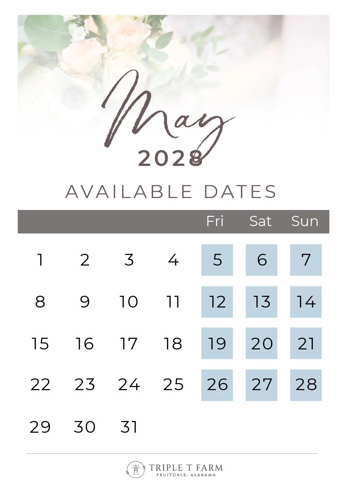 May 2028 Availability Calendar for Triple T Farm Alabama Wedding Venue