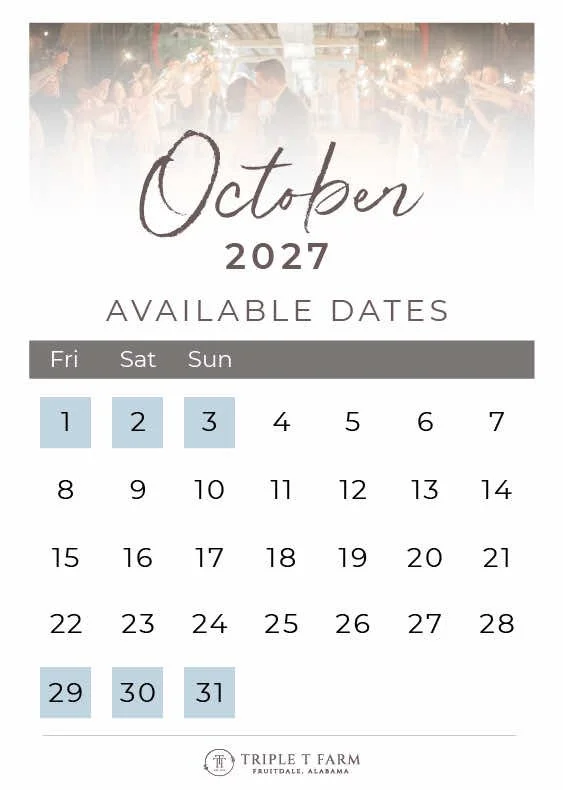 Triple T Farm Availability Calendar Fruitdale, Alabama wedding venue - October 2027
