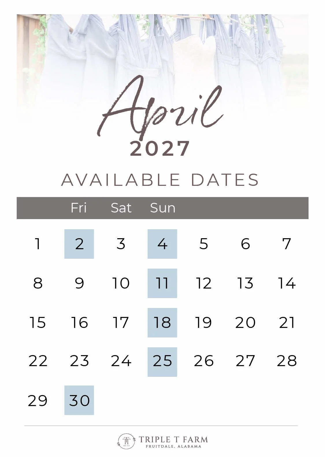 Triple T Farm Availability Calendar Fruitdale, Alabama wedding venue - April 2027