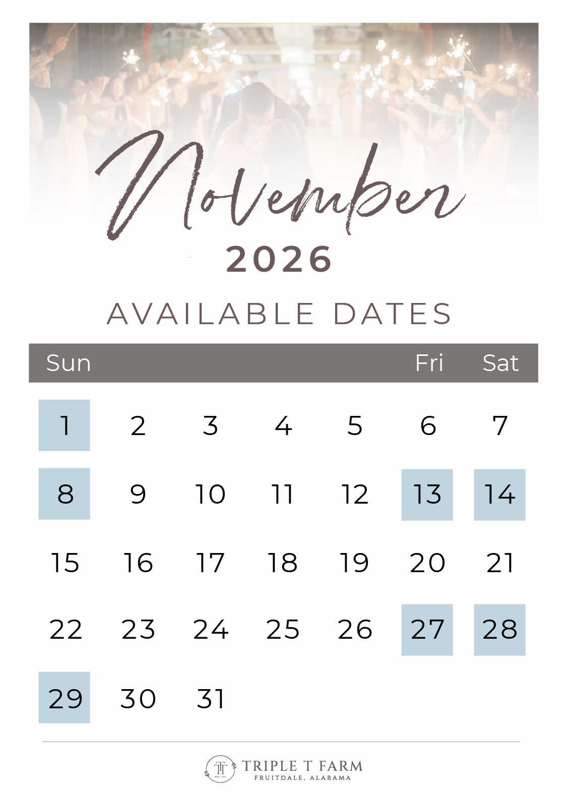 November 2026 Availability Calendar for Triple T Farm Alabama Wedding Venue
