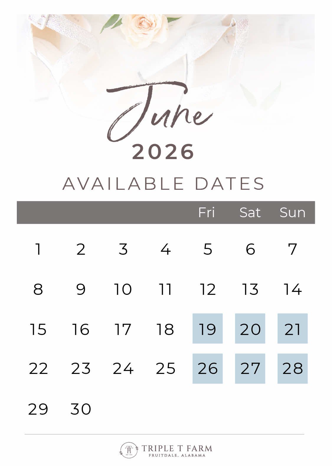 Triple T Farm Availability Calendar Fruitdale, Alabama wedding venue - June 2026