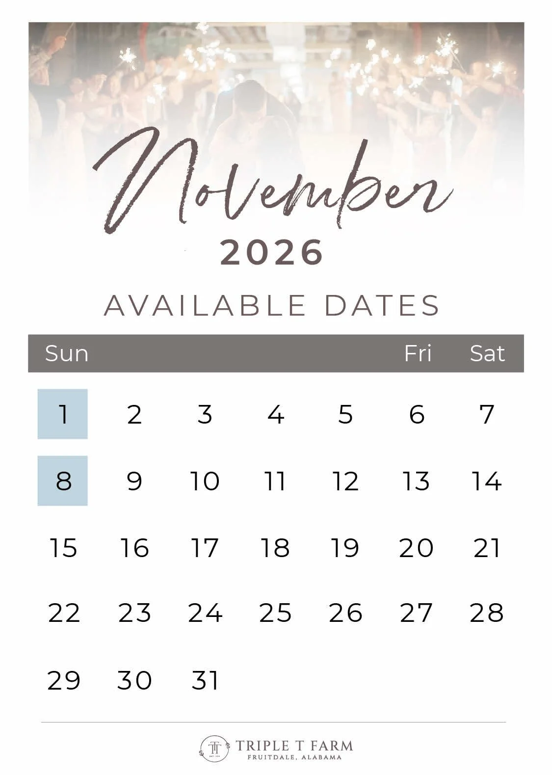 November 2026 Availability Calendar for Triple T Farm Alabama Wedding Venue