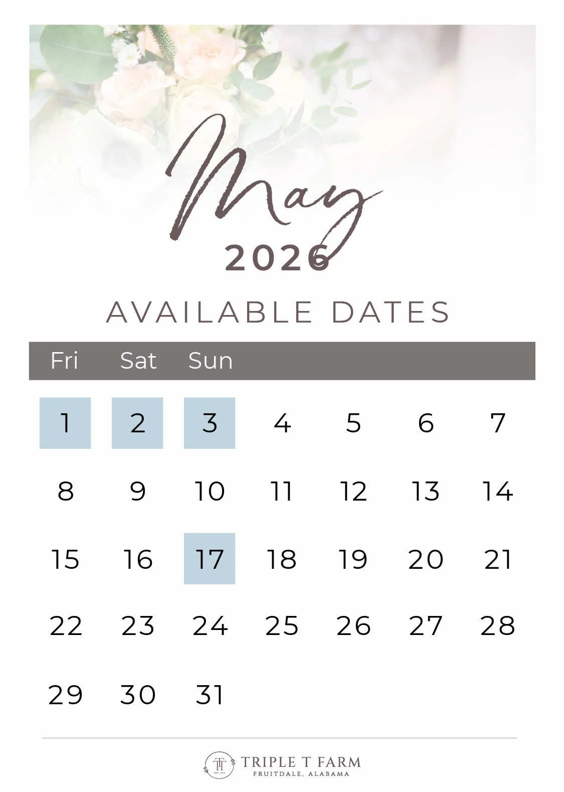 Triple T Farm Availability Calendar Fruitdale, Alabama wedding venue - May 2026