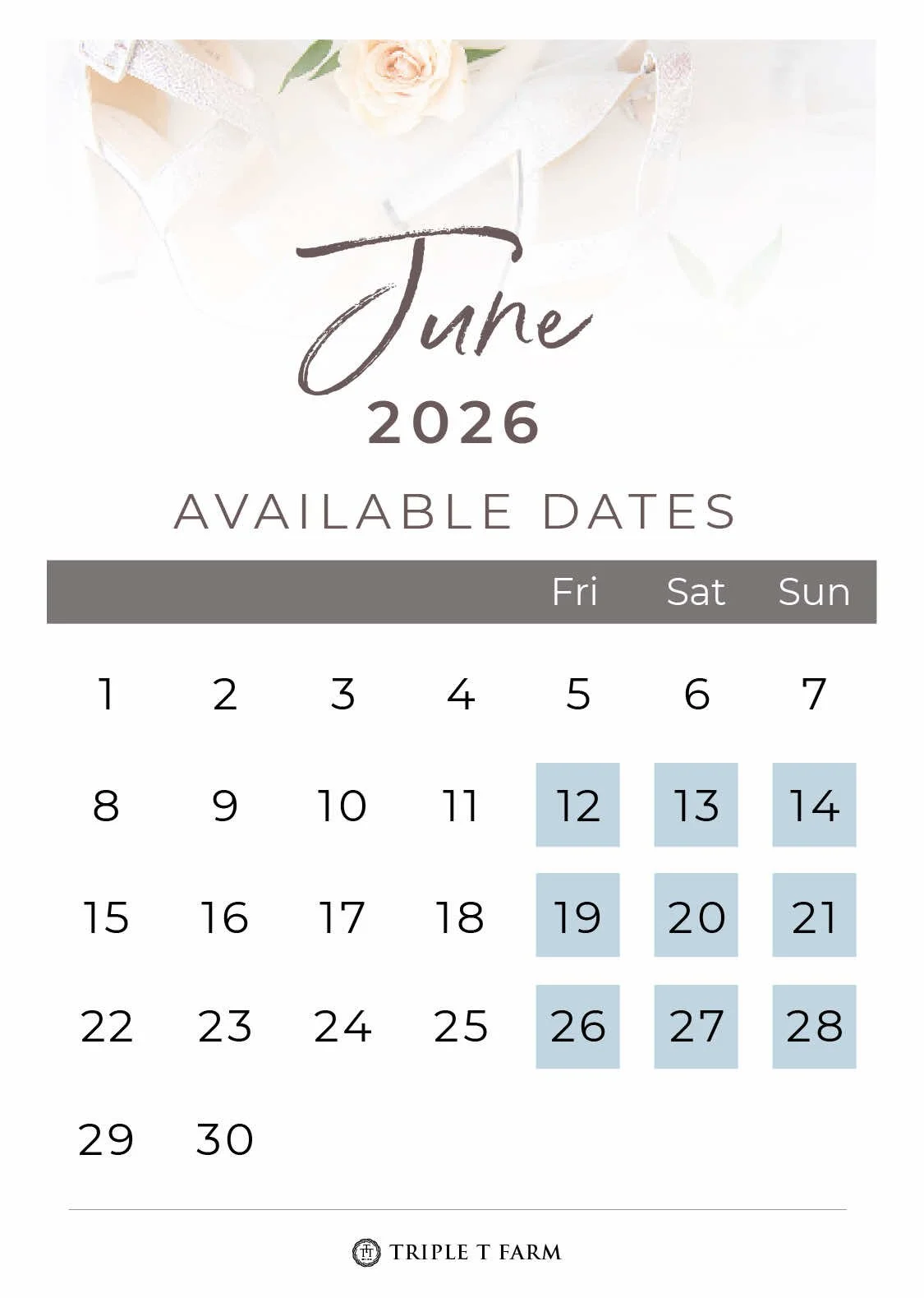 Triple T Farm Availability Calendar Fruitdale, Alabama wedding venue - June 2026