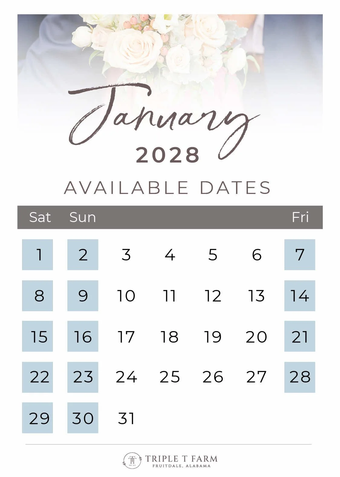 January 2028 Availability Calendar for Triple T Farm Alabama Wedding Venue