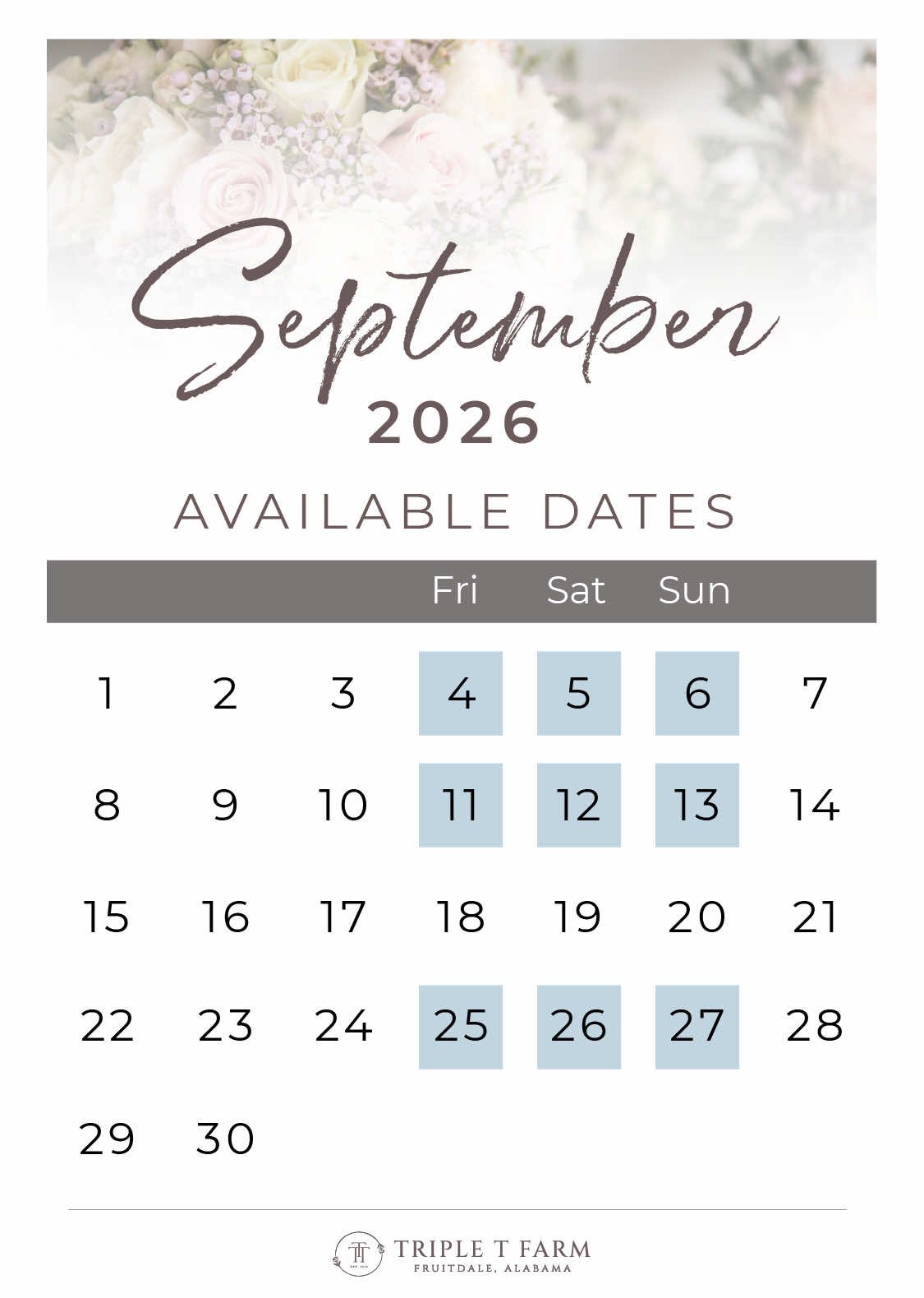 Triple T Farm Availability Calendar Fruitdale, Alabama wedding venue - September 2026