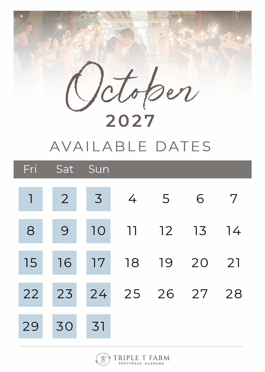 Triple T Farm Availability Calendar Fruitdale, Alabama wedding venue - October 2027