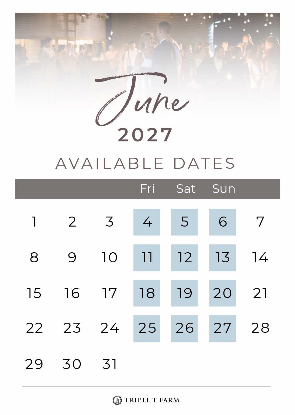 Triple T Farm Availability Calendar Fruitdale, Alabama wedding venue - June 2027