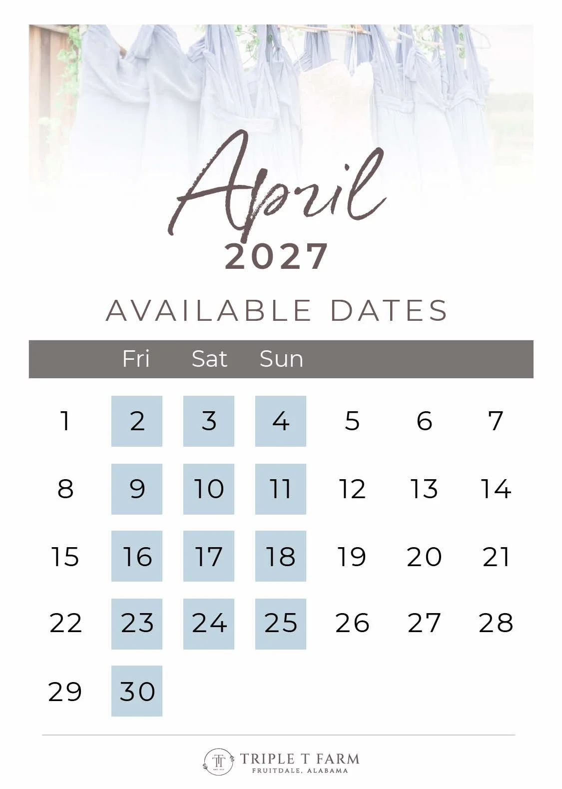 Triple T Farm Availability Calendar Fruitdale, Alabama wedding venue - April 2027