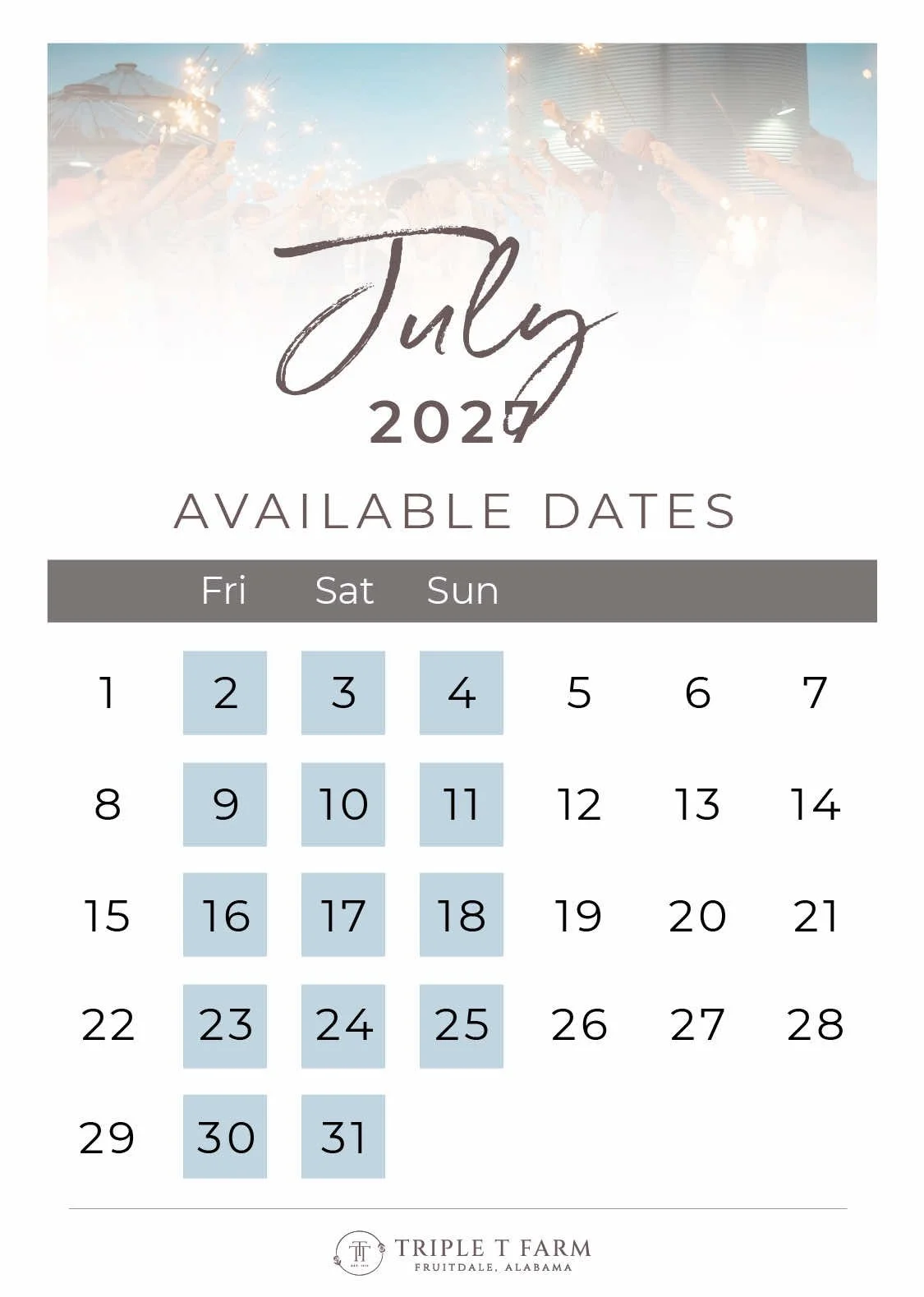 Triple T Farm Availability Calendar Fruitdale, Alabama wedding venue - July 2027