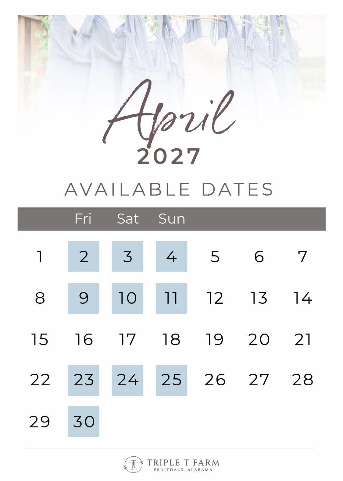 Triple T Farm Availability Calendar Fruitdale, Alabama wedding venue - April 2027