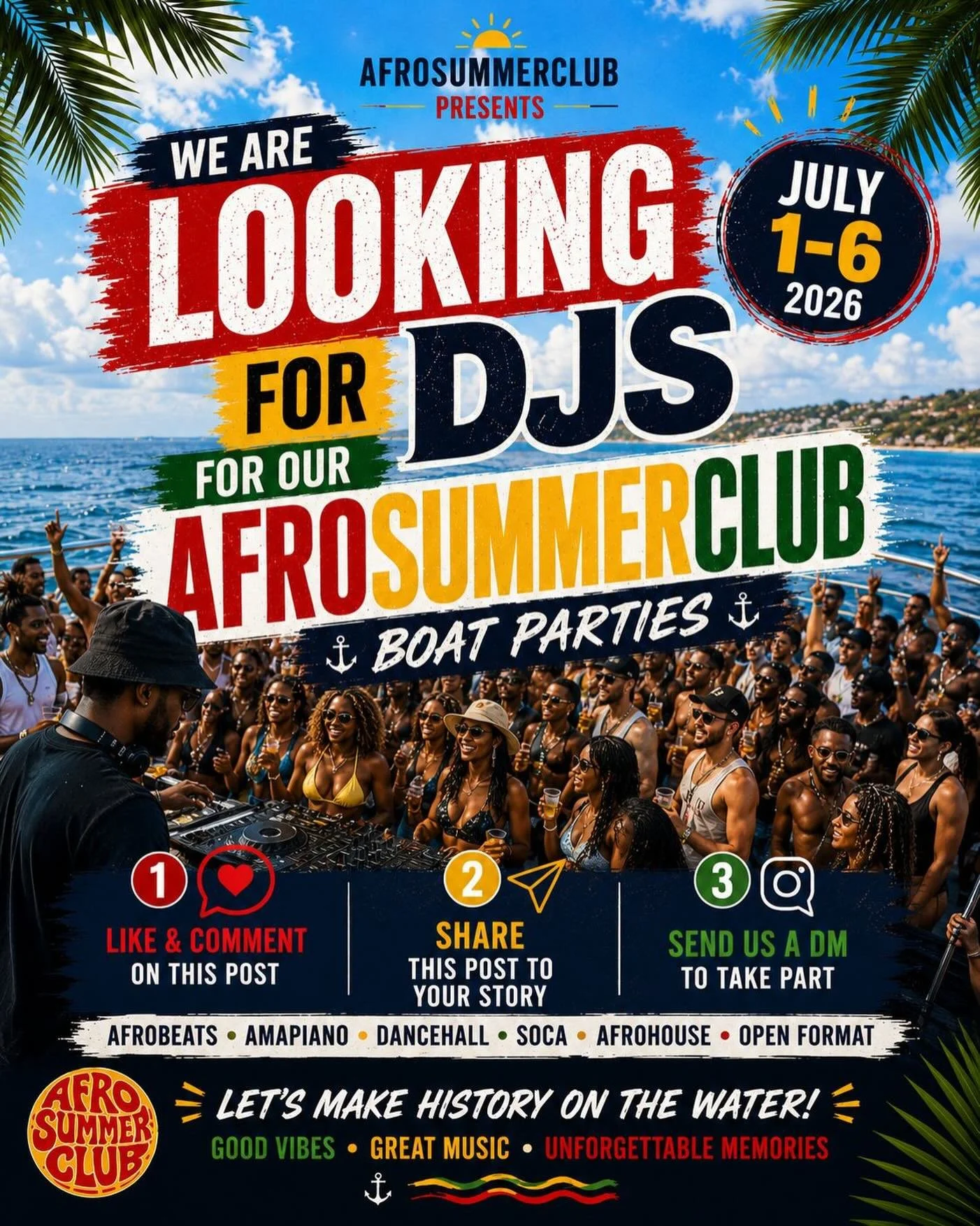 🚨CALLING ALL DJS 🚨

We&rsquo;re looking for DJs to join our @AfroSummerClub Boat Parties in Portim&atilde;o from JULY 1&ndash;6 🌊☀️

This is your chance to play on some of the craziest boat parties of the summer alongside an international crowd in